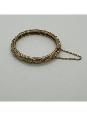 Vintage Gold-Toned Bracelet Hinged Textured Turquoise-Color Stones Safety Chain